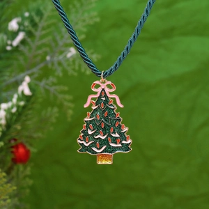 Colorful Christmas tree pendant necklace with green cord and pink bow decoration