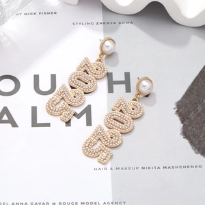 Exaggerated long 2025 drop earrings with pearls and rhinestones on gold base