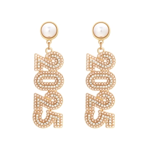Golden 2023 number drop earrings with pavé rhinestones and large white pearls
