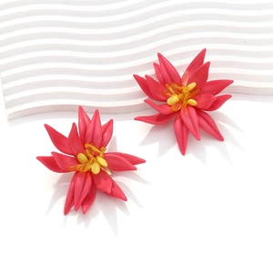 Close-up of bohemian multi-layer magenta beaded flower earrings with yellow stamen details