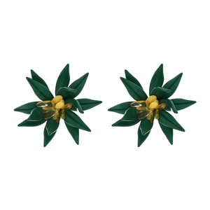 Bohemian handmade beaded floral earrings in deep green with yellow resin flower stamen