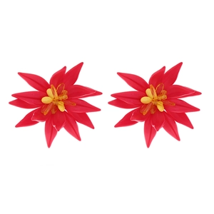 Detailed view of handmade beaded red flower earrings with yellow floral centers
