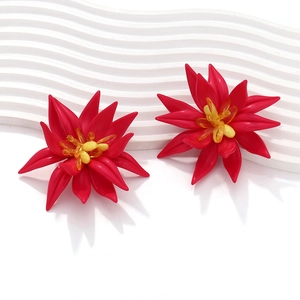 Handmade beaded red floral earrings in bohemian style with multilayered resin petals