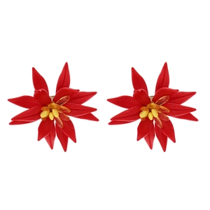 Handmade red layered flower drop earrings with yellow beaded center on white background