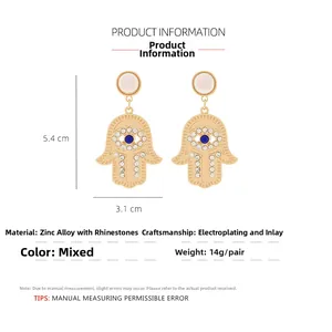 Detailed size specifications of Hamsa Hand earrings with blue eye and crystal accents