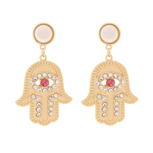 Golden Hamsa hand drop earrings with evil eye design and pink rhinestones on white background