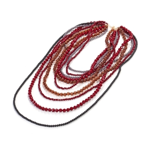 Bohemian multi-layer beaded necklace with gradient burgundy and amber resin beads