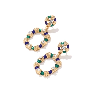 Boucles d'oreilles rétro en alliage d'or avec émail bleu et vert et accents en cristal