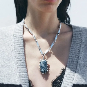 Retro multi-layer chain necklace with vintage stone pendant in industrial silver finish