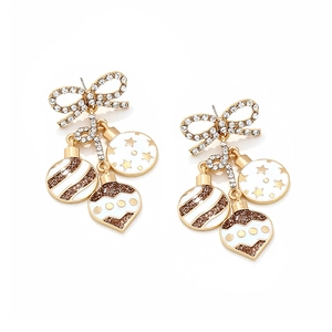 Christmas bow knot earrings with gold and brown holiday ornament balls in long drop style
