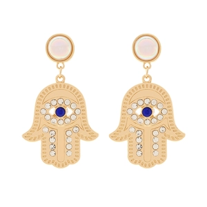 Hamsa Hand drop earrings in gold alloy with blue Evil Eye and white crystals