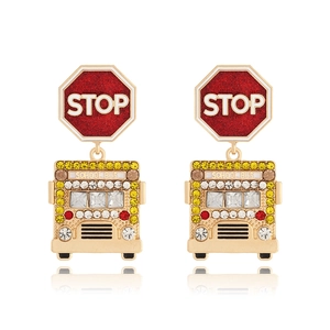 Creative School Bus Drop Earrings With Stop Sign Alloy Yellow Red Rhinestone Enamel Novelty Jewelry For Women