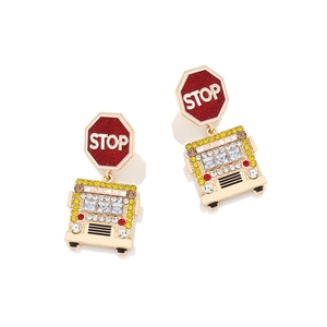 Cartoon school bus drop earrings with STOP sign design and sparkling colorful crystals