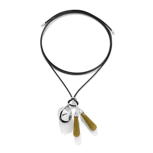 Vintage alloy necklace with metallic flower bud and olive green resin drop pendants
