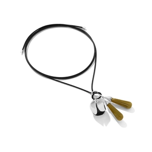 Vintage bell pendant necklace with green resin droplets and adjustable black leather cord