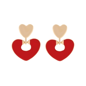 Fashionable gold alloy stud earrings with layered red enamel heart pendants for women