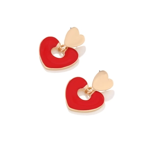 Detail of red enamel hollow heart pendant with gold stud earrings for women