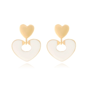 Fashion alloy double heart drop earrings with white enamel finish and gold metal accents