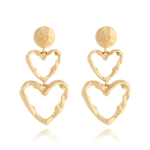 Vintage Layered Double Heart Drop Earrings For Women Gold Plated Zinc Alloy Hammered Texture Hollow Irregular Design