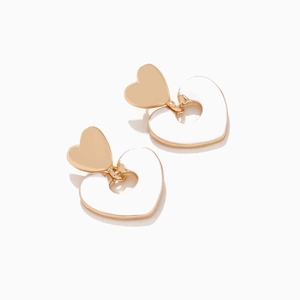 Fashionable gold alloy heart drop earrings with white enamel heart-shaped pendants