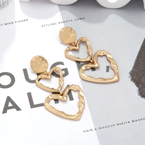 Gold multilayer hollow heart drop earrings with textured hammered finish for women
