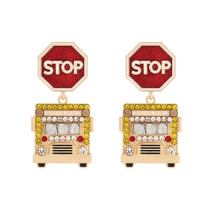 Creative school bus drop earrings with stop sign and sparkling yellow rhinestones