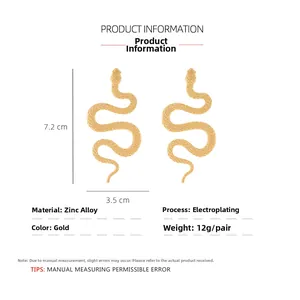 Detailed view showing dimensions of gold twisted snake drop earrings in zinc alloy