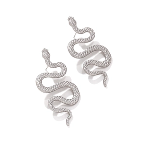 Retro silver twisted snake earrings with realistic scale texture on a white background
