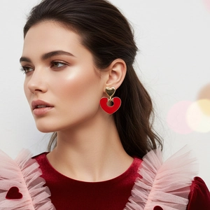 Heart Drop Earrings Enamel Double Layer Hollow Zinc Alloy Jewelry With Stainless Steel Earring Post For Women Fashion