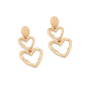 Minimalist layered heart drop earrings with textured gold finish and hollow design