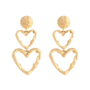 Minimalist gold multi-layer hollow heart drop earrings with textured hammered finish
