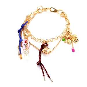 Multilayer gold chain necklace with heart, rose enamel charms and woven rope details