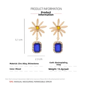 Detail of daisy earrings with emerald-cut blue glass and sparkling rhinestones