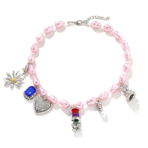 Pink Irregular Imitation Artificial Pearl Necklace With Heart Daisy Gemstone Pendants Vintage Bohemian Aesthetic Jewelry For Women