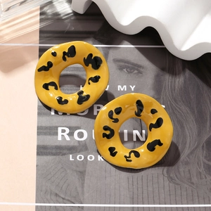 Fashion geometric alloy leopard print enamel earrings in bright yellow donut style