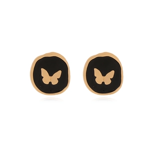 Irregular round butterfly stud earrings with black enamel inlay and gold plating
