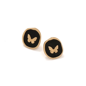 Golden irregular oval butterfly stud earrings with black enamel inlay for women