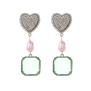 Heart Shaped Rhinestone Faux Artificial Pearl Square Glass Drop Earrings With Stainless Steel Earring Post Sweet Contrast Jewelry