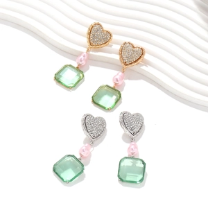 Elegant heart earrings with rhinestones, faux pearls and green resin gemstone drops