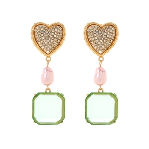 Colorful dangle earrings with diamond heart, baroque pearl, and green resin stone