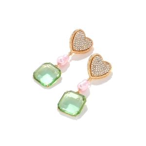 Colorful drop earrings with heart crystal, pink pearl, and green resin gemstone