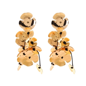 Exaggerated golden metal flower earrings with long handwoven beaded floral drop design