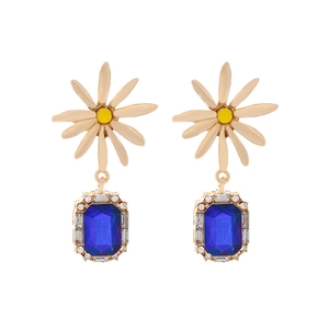 Daisy Glass Crystal Drop Earrings With Blue Rectangle Stone And Rhinestones Zinc Alloy Enamel Floral Jewelry For Women