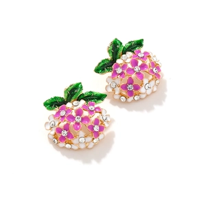Floral enamel stud earrings with purple white flowers and green leaves on gold base