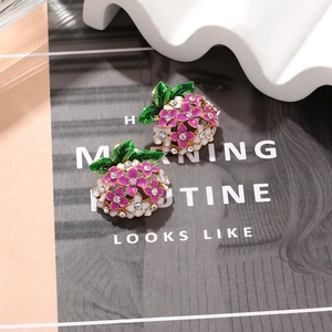 Fashionable floral enamel stud earrings with purple petals and sparkling crystals