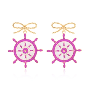 Zinc Alloy Enamel Dangle Earrings Nautical Ship Wheel Helm And Bow Knot Purple White Cartoon Fashion Jewelry For Women