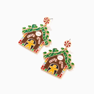 Weihnachts-Emaille-Ohrringe mit Lebkuchenhaus und Zuckerstange für festliche Mode