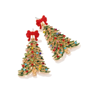 Exaggerated Christmas tree drop earrings with red bow and colorful rhinestones