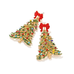 Detail of Christmas tree drop earrings with colorful crystals and red enamel bow