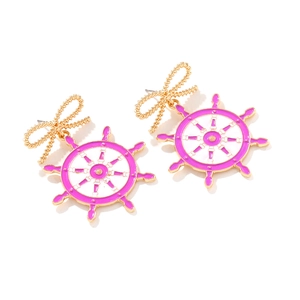 Summer enamel helm ship wheel earrings with pink and white bowknot nautical style